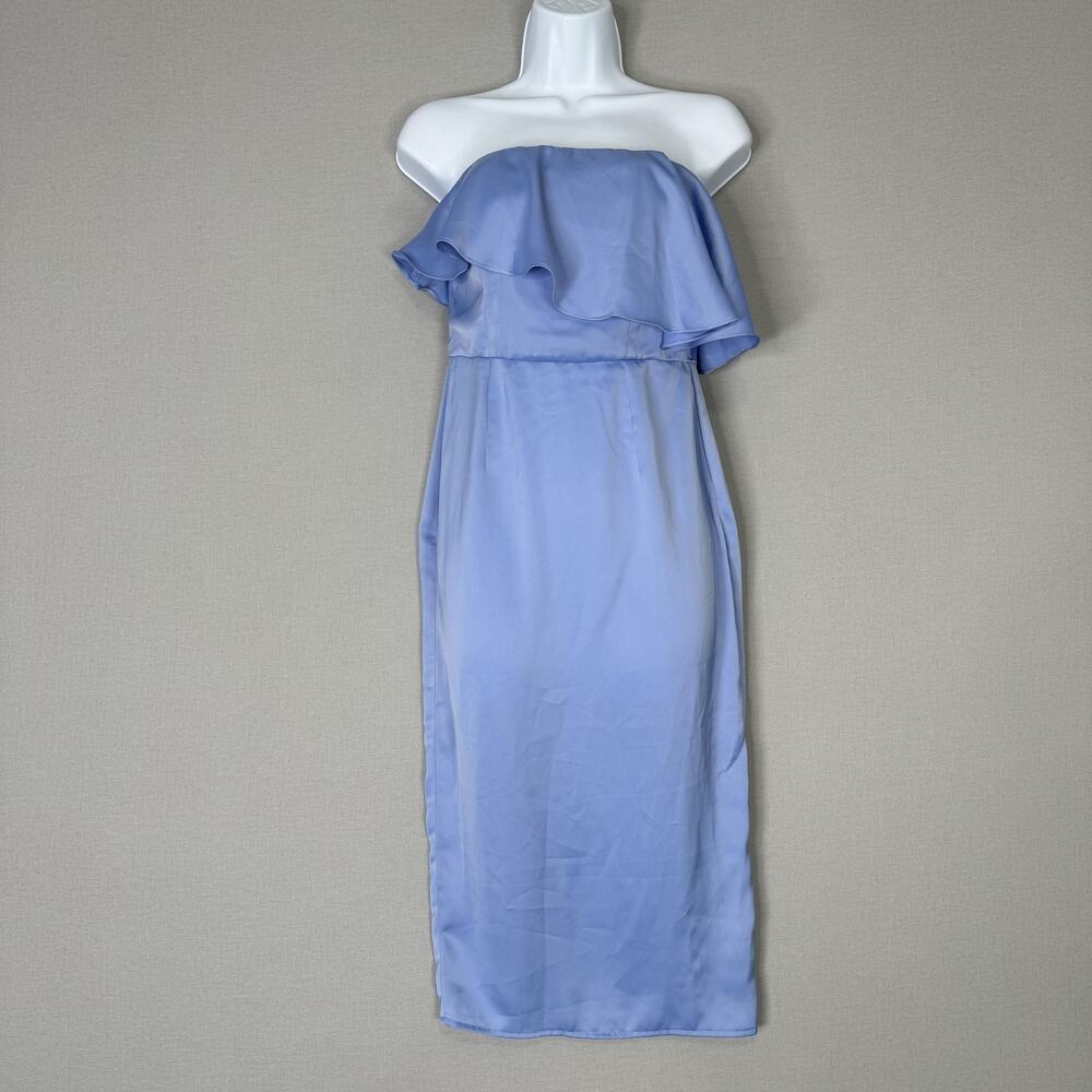 ASOS Strapless Ruffle Midi Dress Womens 0 Blue Satin Formal Wedding Guest Party